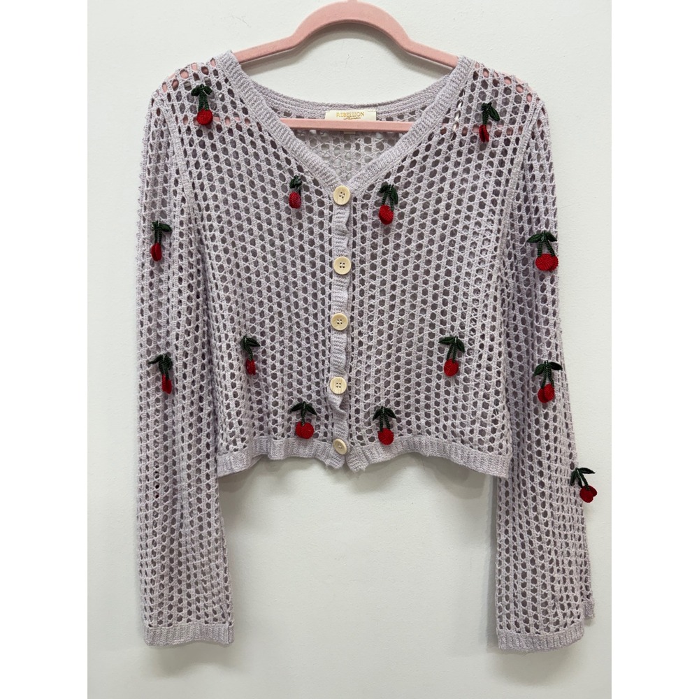 Rebellion Again Crochet Cardigan M Lavender Cherry Applique Open Knit Cropped